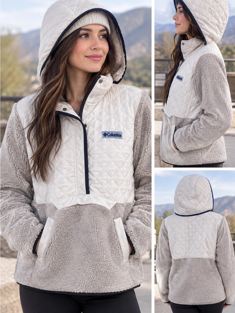 Columbia Women's Quilted Hooded Teddy Pullover Jacket - Cream & Light Gray